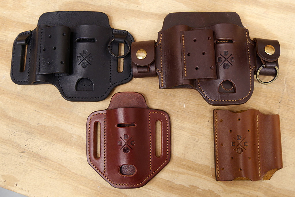 Four different styles of 1791 EDC leather toolbelt organizers. Styles and colors include Large Easy-Slide Flex in black, Large Action-Snap Flex in burgundy, Easy-Slide Solo in chestnut, and Pocket Duo in chestnut.
