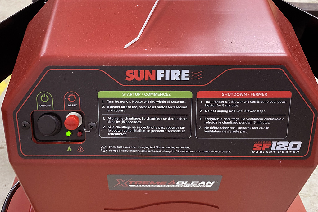 SunFire SF120 Radiant Portable Diesel Heater control panel and rapid access maintenance hatch