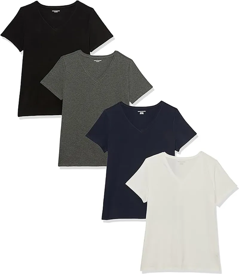 Women's Workwear for DIY'ers and Skilled Trade professionals 4-pack t-shirts from Amazon Essentials. Available in black, grey, navy, and white.