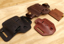 Four different styles of 1791 EDC leather toolbelt organizers. Styles and colors include Large Easy-Slide Flex in black, Large Action-Snap Flex in burgundy, Easy-Slide Solo in chestnut, and Pocket Duo in chestnut.