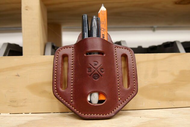 1791 EDC Chestnut Easy-Slide Solo Leather Toolbelt Organizer filled with tool accessories
