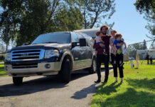 Essentials for Full-time RV Living: family stands in front of their Ford Expedition, which is connected to their travel trailer at Bonelli Bluffs Campground in San Dimas, CA.