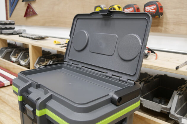 8 qt. Pelican Cooler Review: side view of inside exterior dry storage compartment