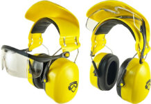 Groggle noise reduction earmuffs and construction safety glasses in yellow