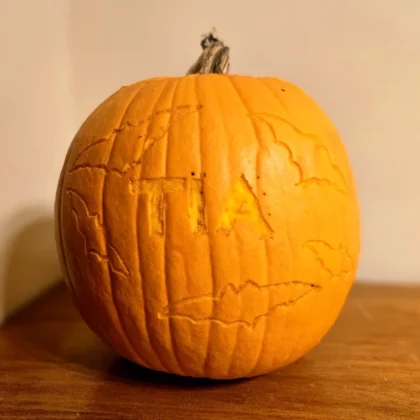 A pumpkin carved with a RYOBI Rotary Tool