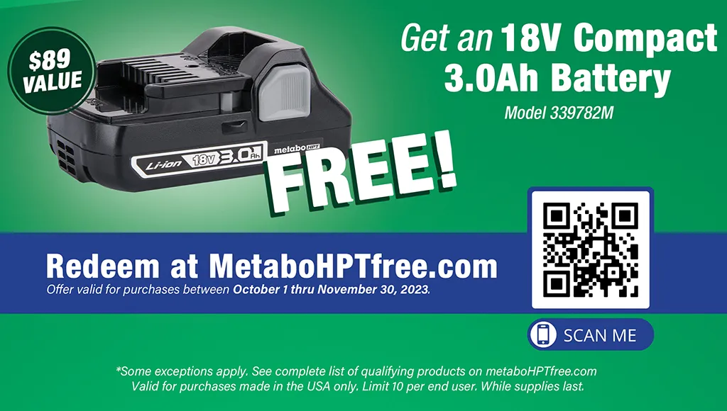 How to redeem your FREE Metabo HPT 18V 3.0 Ah battery