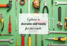 A variety of old tools on a green background, text overtop reads "5 places to donate old tools for tax credit"