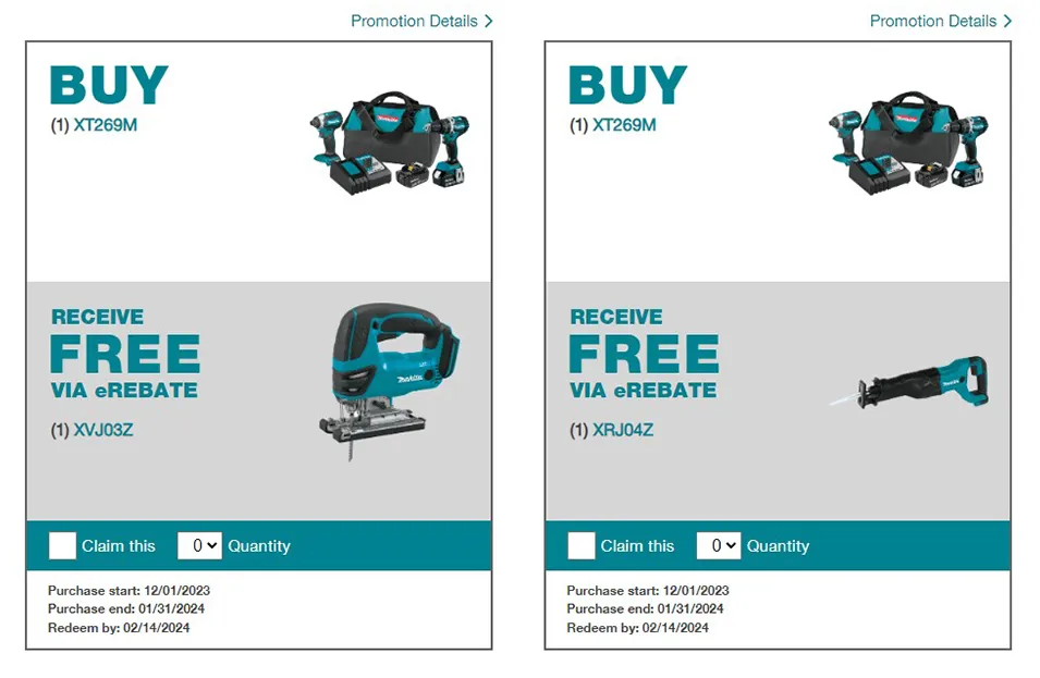 Current Makita Promotions: BOGO FREE 18V Jig Saw or 18V Recip Saw with purchase of Makita Combo Kit