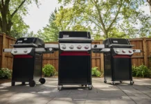 Three new 2025 Weber Spirit models side-by-side on a patio in a backyard on a warm spring day. From left to right is a two-burner, a four-burner, and three-burner 2025 Weber Spirit models