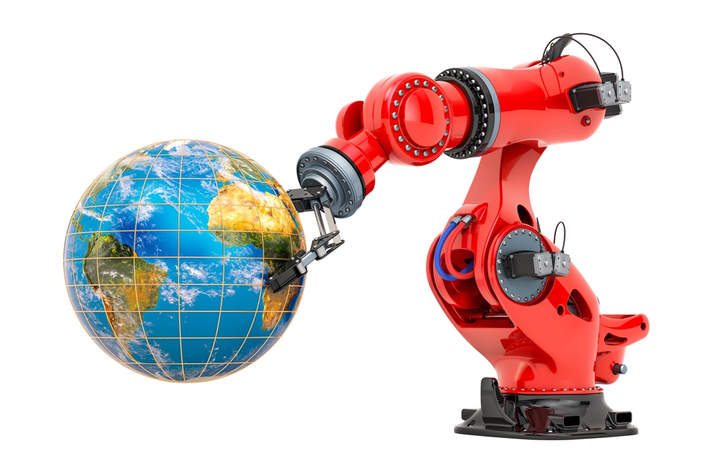 Robotic arm holding Earth Globe. Global Technology concept, 3D rendering Robotic arm holding Earth Globe. Global Technology concept, 3D rendering