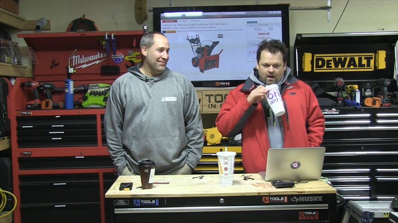 Two hosts in the studio discussing the Craftsman 28 inch snow blower