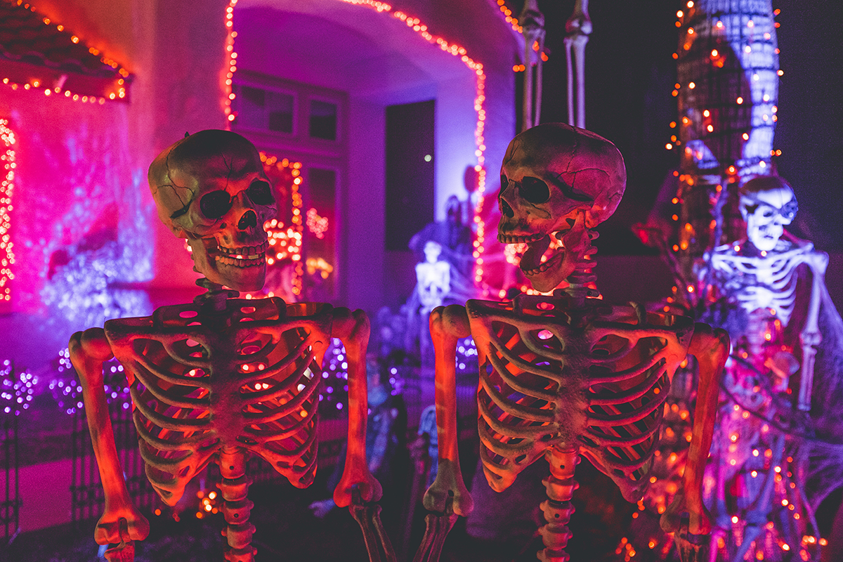 Two skeletons in a DIY haunted house