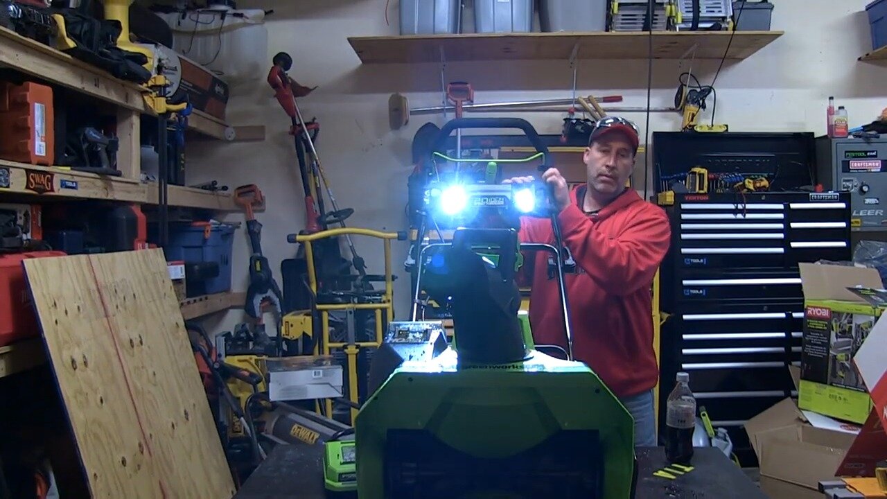 Bright LED headlights on the Greenworks 40V snow blower