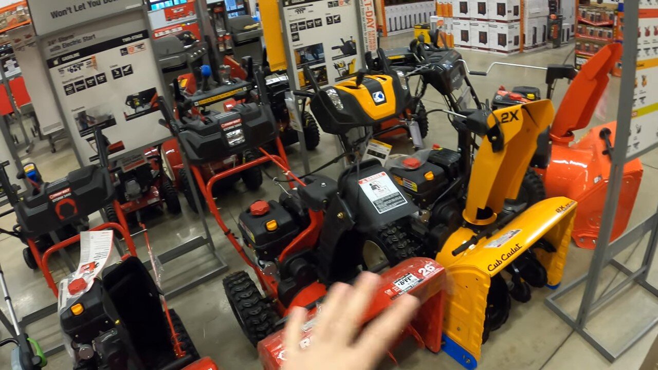 Two-stage snow blowers on display at Home Depot