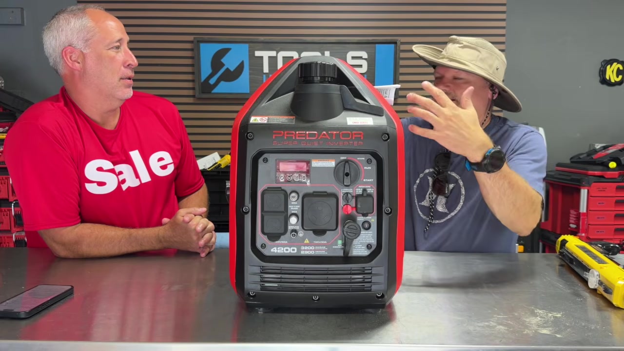 Dan and Eric at the Tools In Action shop with the Predator 4200 dual-fuel inverter generator