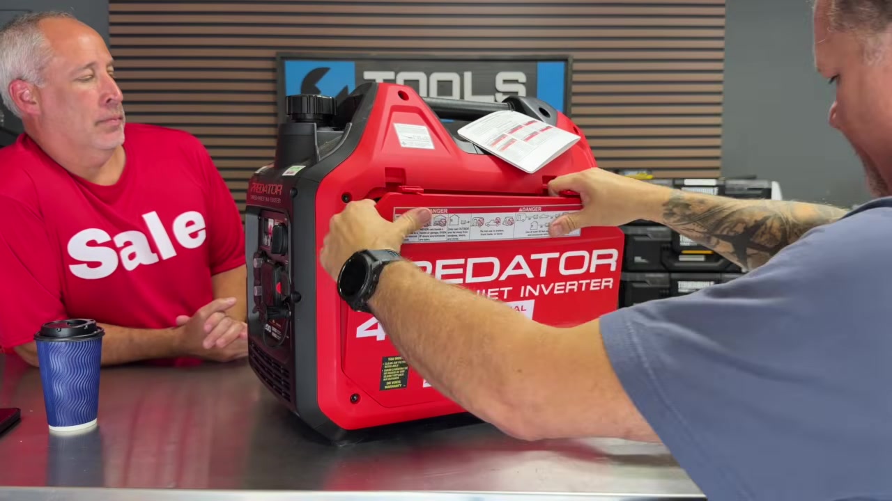Removing the tool-free side panel on the Predator 4200 dual-fuel inverter generator