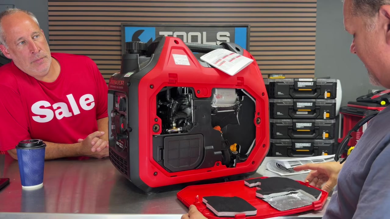 Tool-free side panel off the Predator 4200, exposing the engine for oil and filter access