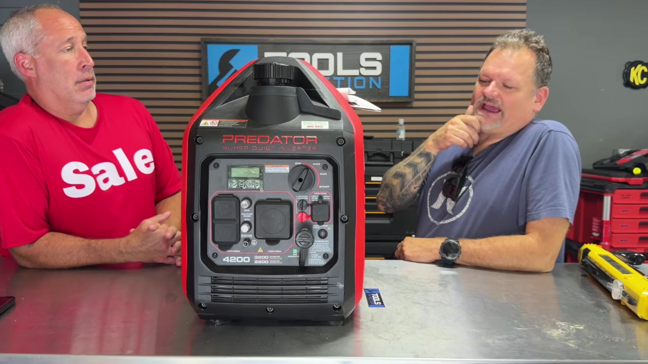 Front view of the Predator 4200 inverter generator on the shop bench