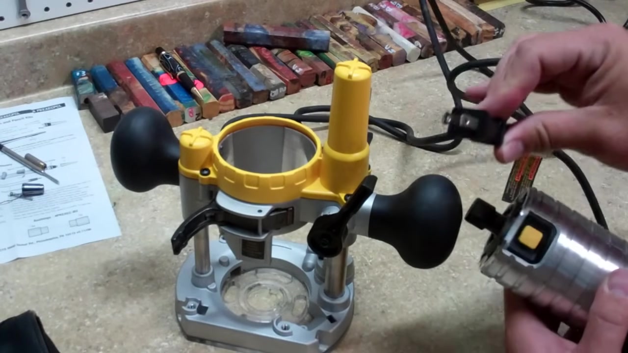 DEWALT DWP611 router installed in the DWP612 plunge base