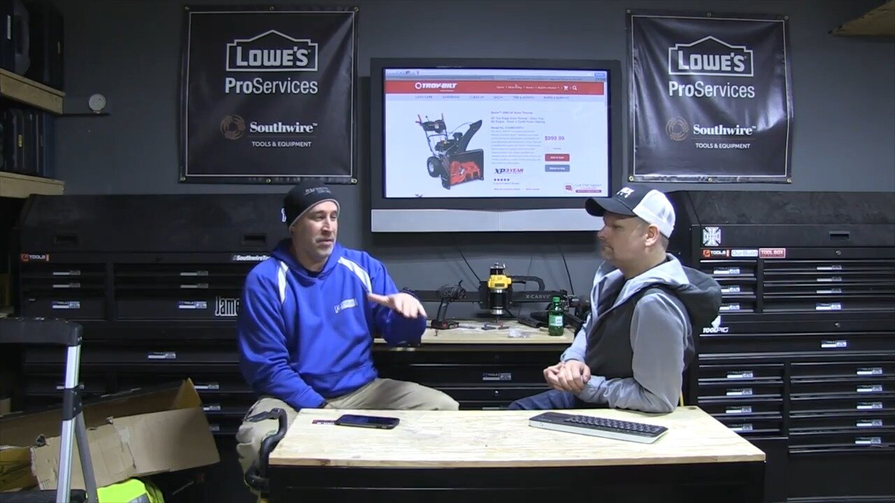 Hosts discussing Troy Bilt two-stage snow throwers in the studio