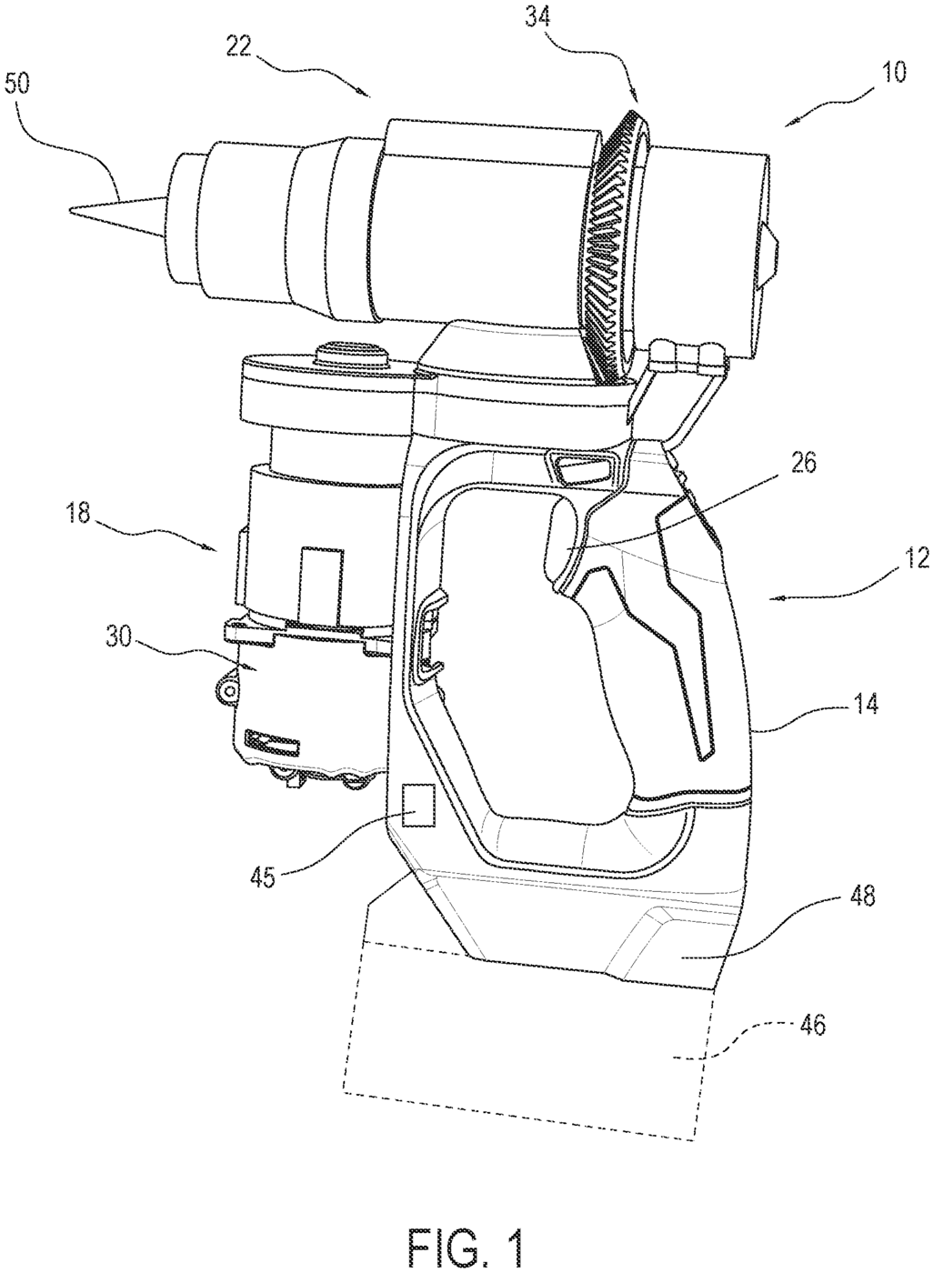 Patent drawing of a PEX expansion tool from U.S. Patent No. 12,766,585, drawing sheet 1 (FIG. 1)