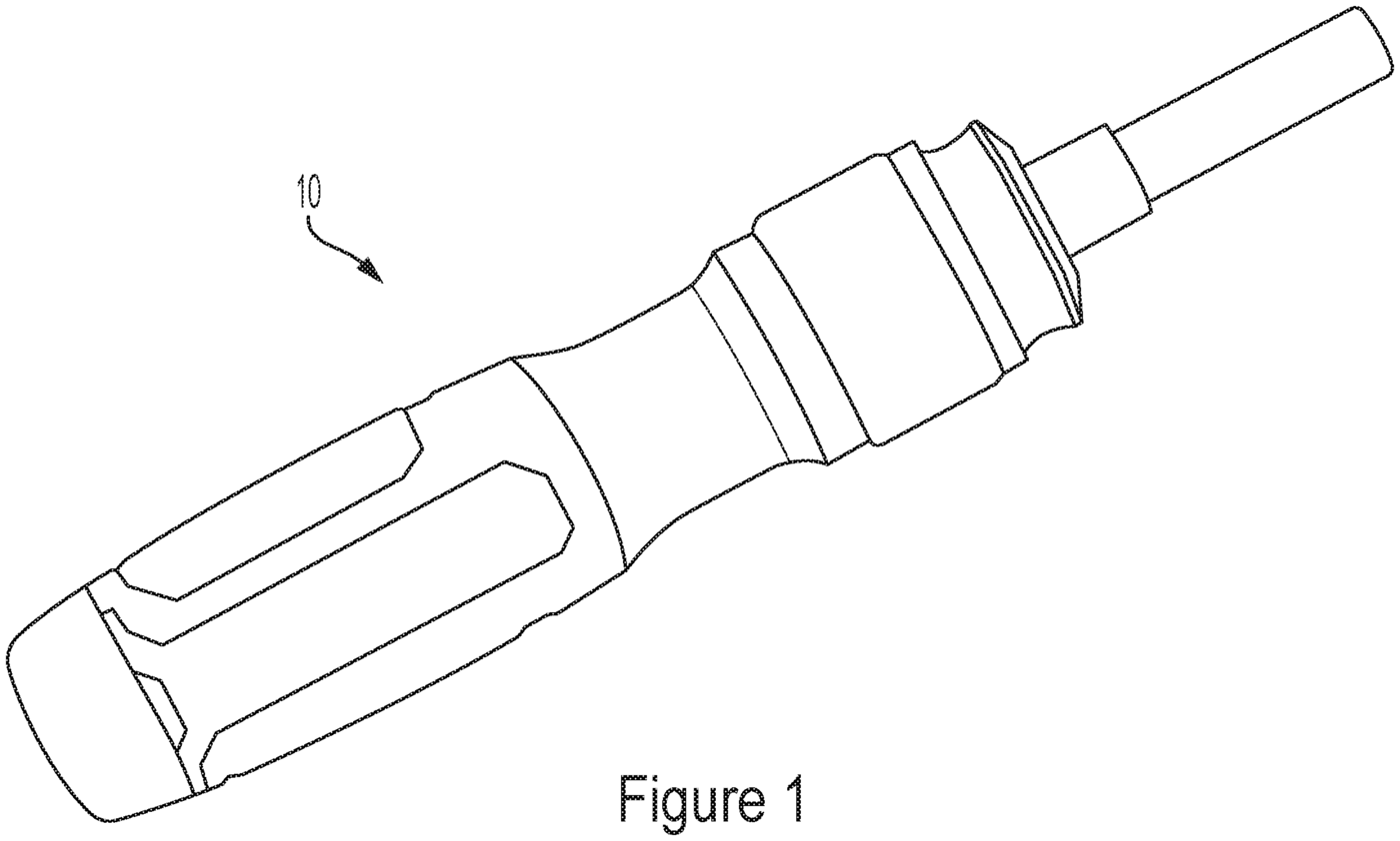 Patent drawing of a bi-directional screwdriver from U.S. Patent No. 12,766,675, drawing sheet 1 (FIG. 1)