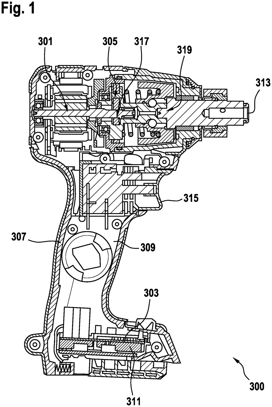 Patent drawing of a hand-held power tool from U.S. Patent No. 12,766,678, drawing sheet 1 (FIG. 1)