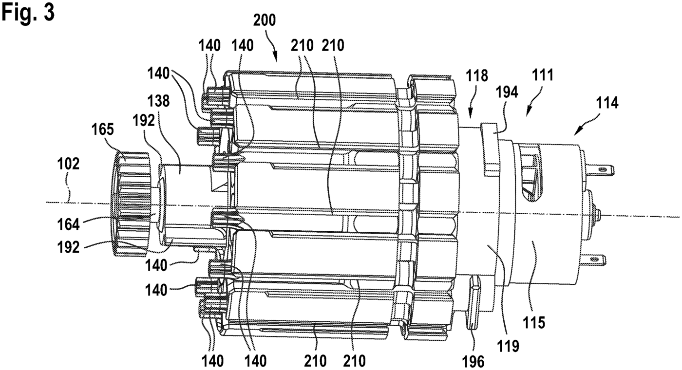 Patent drawing of a hand-held power tool with bit magazine from U.S. Patent No. 12,766,679, drawing sheet 3 (FIG. 3)