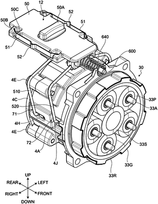 Patent drawing of a power tool with multi-stage gearbox from U.S. Patent No. 12,766,691, front-page drawing