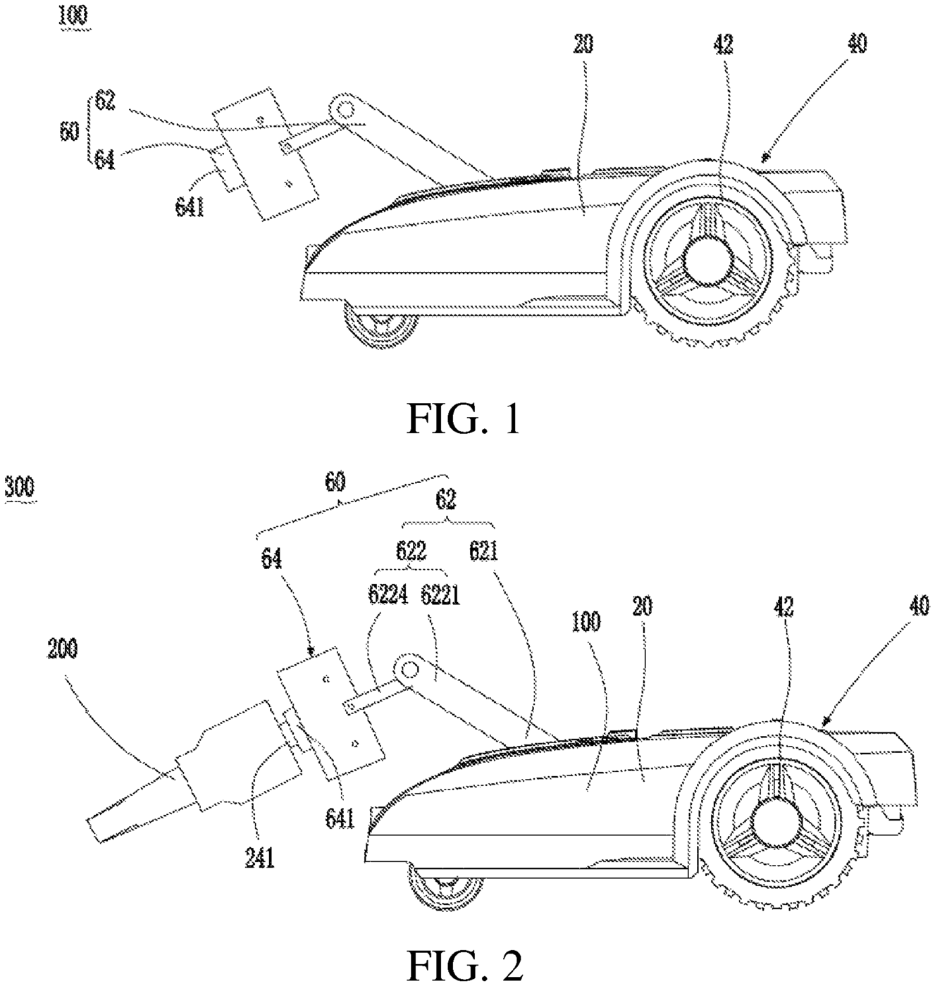 Patent drawing of a self-moving device with connecting arm from U.S. Patent No. 12,766,698, drawing sheet 1 (FIGS. 1 and 2)