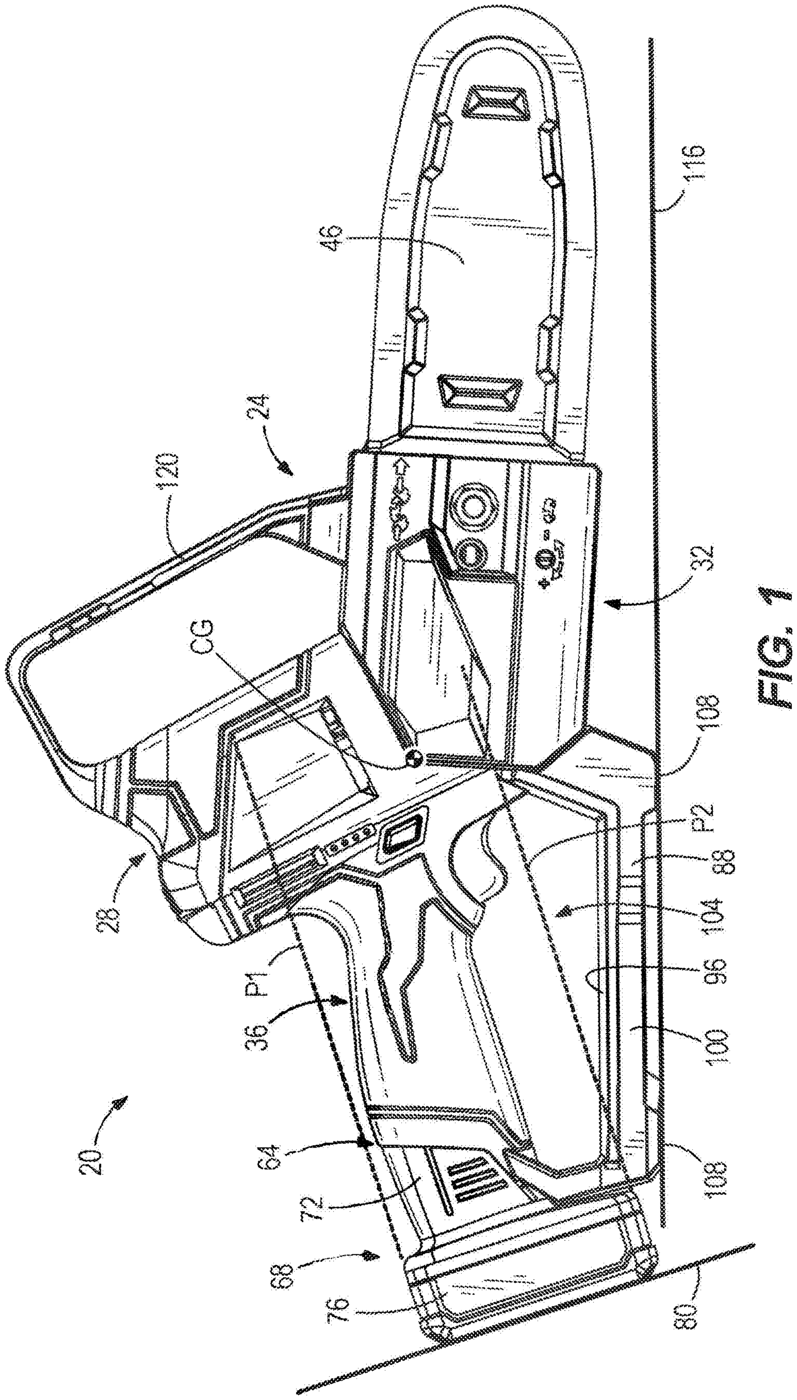 Patent drawing of a handheld cutting tool with guide bar and chain from U.S. Patent No. 12,766,754, drawing sheet 1 (FIG. 1)