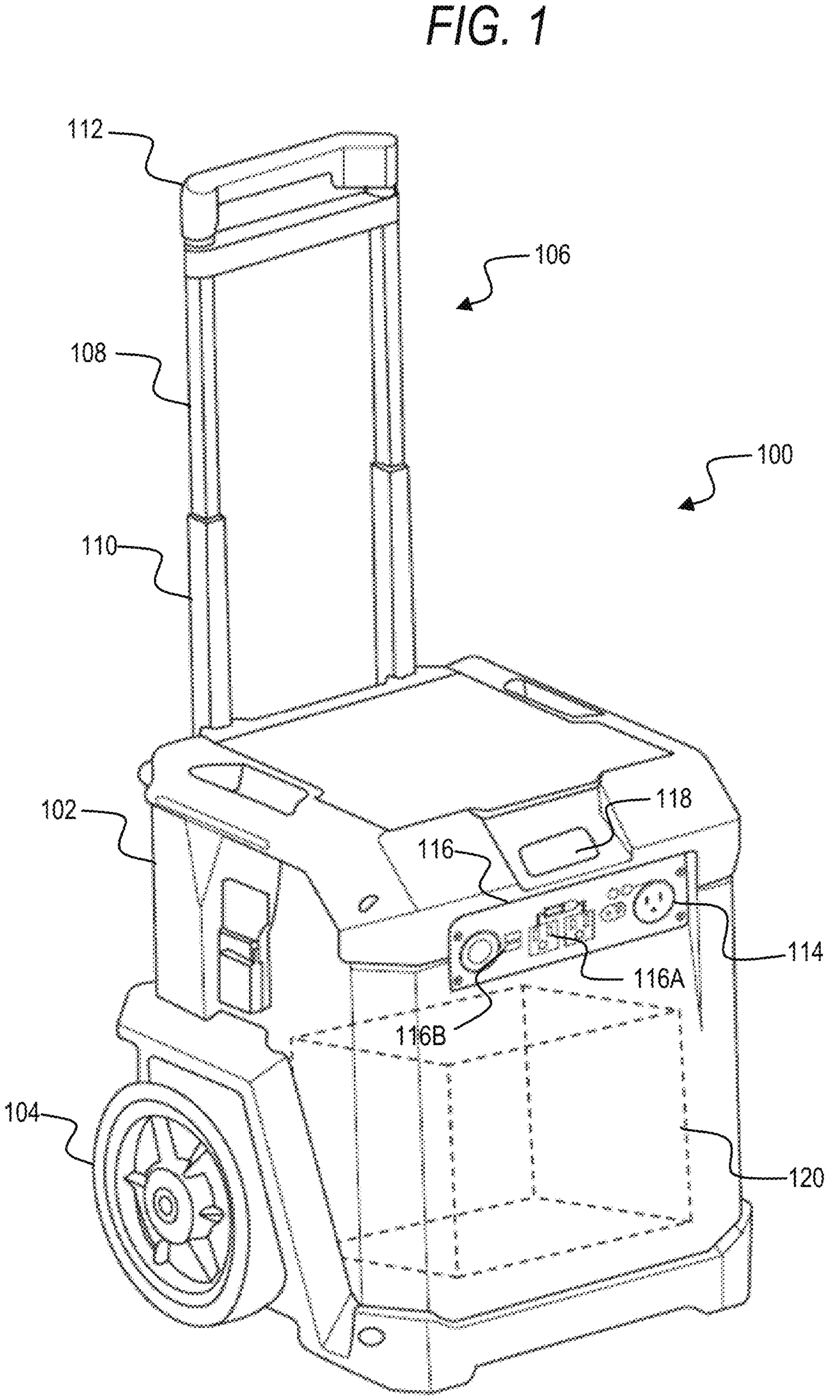 Patent drawing of a portable power supply from U.S. Patent No. 12,771,158, drawing sheet 1 (FIG. 1)
